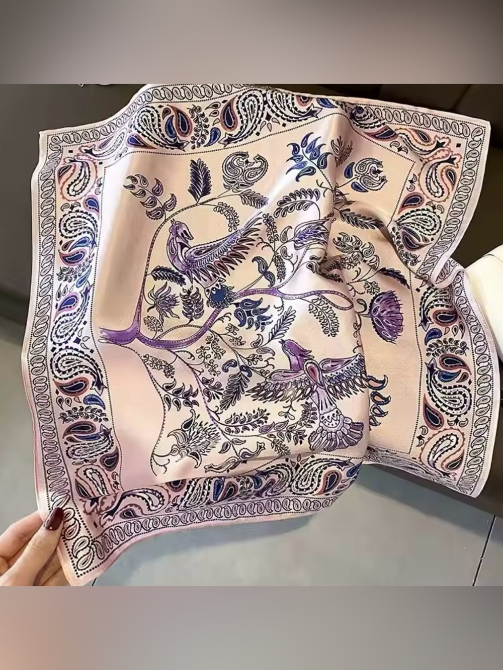 Silk-Effect Pink Paisley & Bird Print Scarf
